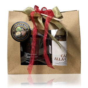 Immagine della borsa natalizia morgana del re contenente 1 crema spalmabile alla nocciola e un vasetto di nocciole pralinate